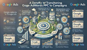 A detailed infographic showcasing the benefits of transitioning old Google AdWords PPC Campaigns to Google Ads, highlighting enhanced targeting options like RLSA.