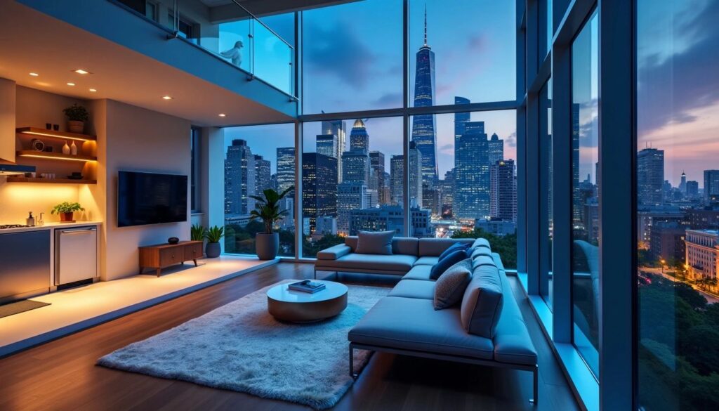 A modern, luxurious smart home living room with a panoramic view of a city skyline at dusk, showcasing the integration of Internet of Things (IoT) technology for enhanced comfort and control.