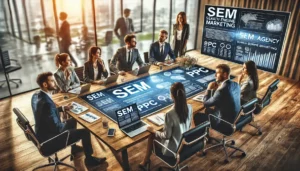 Professionals collaborating during a business meeting, discussing SEM strategies on a digital whiteboard, highlighting the benefits of partnering with a SEM agency.