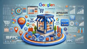  A vibrant visual of Expanded PPC FAQs showcasing e-commerce PPC strategies, featuring digital storefronts with product listings from Google Shopping and Amazon Sponsored Brands.