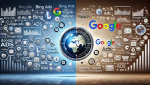 A side-by-side comparison of Bing Ads and Google Ads, illustrating the key differences and similarities between the two platforms. The image highlights the broader reach of Bing Ads across Bing, Yahoo, and AOL, and Google's extensive network of websites for displaying ads.