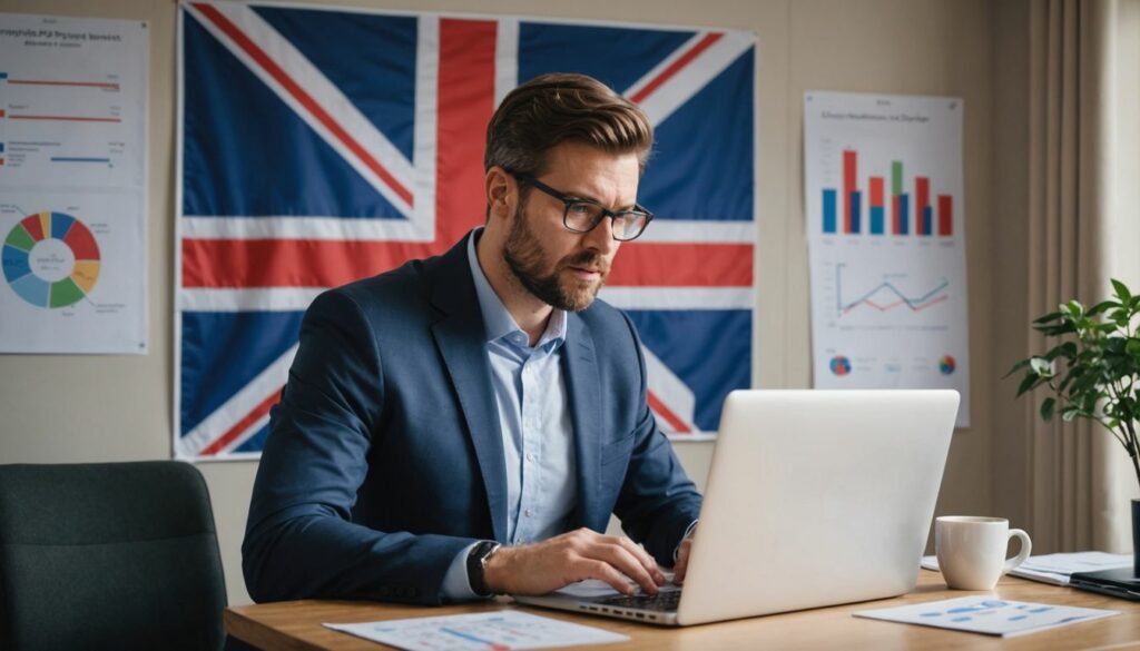 A focused professional in a business suit works on a laptop in an office with a British flag in the background. Charts and data are displayed on the wall, and paperwork is spread out on the desk, indicating data analysis or business strategy planning.