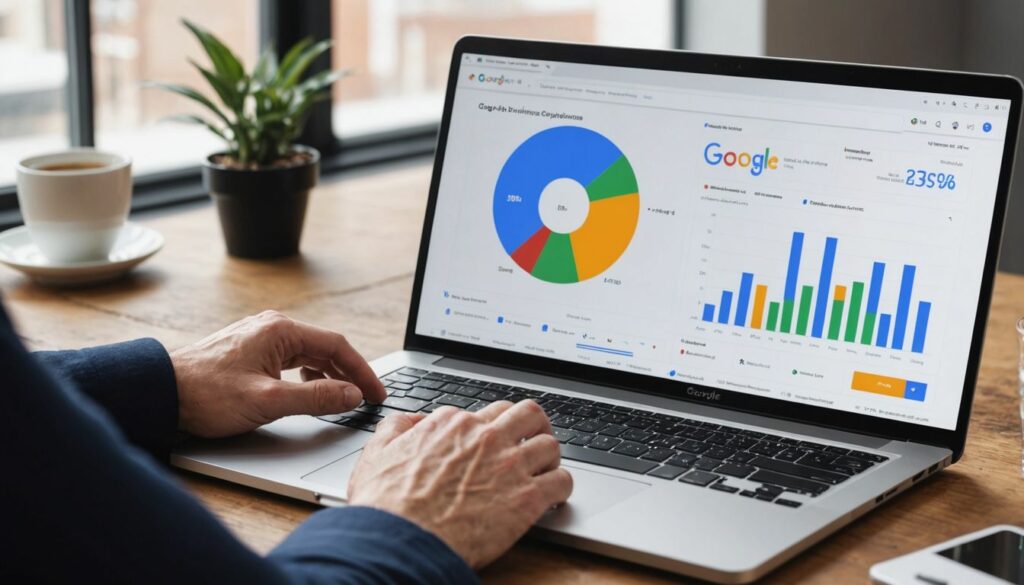 A person conducting a DIY Google Ads Audit on a laptop, analyzing data displayed on the screen, including a pie chart and bar graphs representing ad performance metrics.