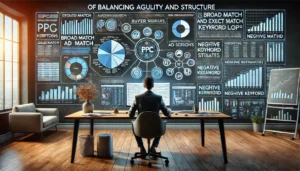 A digital marketing workspace demonstrating strategies for balancing agility and structure in PPC. The marketer is focusing on targeting specific buyer personas through tailored ad campaigns, with data and creative tools visible on the screen.