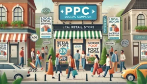 A local PPC advertising agency successfully increased foot traffic for a retail store. The image shows a busy urban retail store with people entering and exiting, carrying shopping bags, representing the effectiveness of local PPC campaigns.