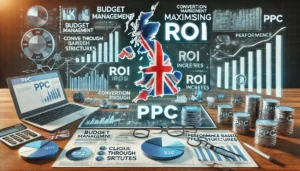 Digital marketing scene showcasing UK PPC Trends with a focus on maximising ROI, featuring graphs, charts, and performance metrics related to PPC advertising success.