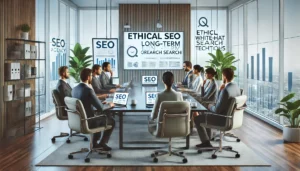 A team of SEO experts in a modern office, representing a UK SEO agency, discussing ethical white-hat SEO techniques for long-term online success.