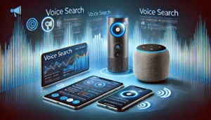 An illustration of voice search integration in PPC Advertising Services, featuring a smart speaker and smartphone with voice search icons, alongside a digital dashboard showing voice search-related PPC metrics.