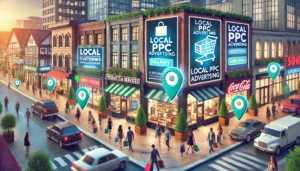 A vibrant city street with physical stores attracting foot traffic, showcasing the role of a Local PPC Advertising Agency in increasing customer visits through targeted local ads displayed on digital billboards and mobile devices.