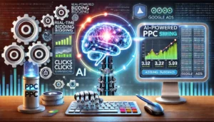  A visual depiction of AI-powered PPC Advertising Services, featuring a glowing AI brain connected to a computer screen displaying a real-time bidding dashboard, with automated adjustments for PPC campaigns.