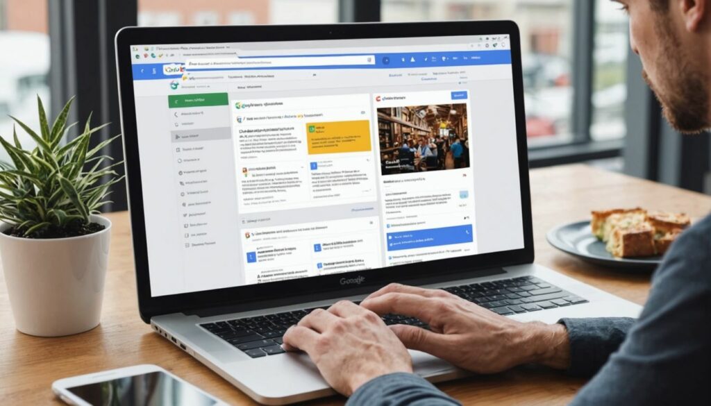 A person managing Google AdWords PPC Campaigns on a laptop, highlighting the user interface and campaign management tools.