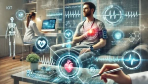 A patient at home being monitored through Internet of Things (IoT) devices, including wearable health monitors and connected medical equipment, with real-time health data streaming to a remote healthcare professional.