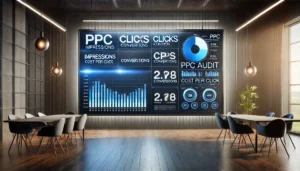 A sleek digital dashboard displaying key metrics from a PPC post-audit, including impressions, clicks, conversions, CPC, and CPA, set against a professional blue gradient background.