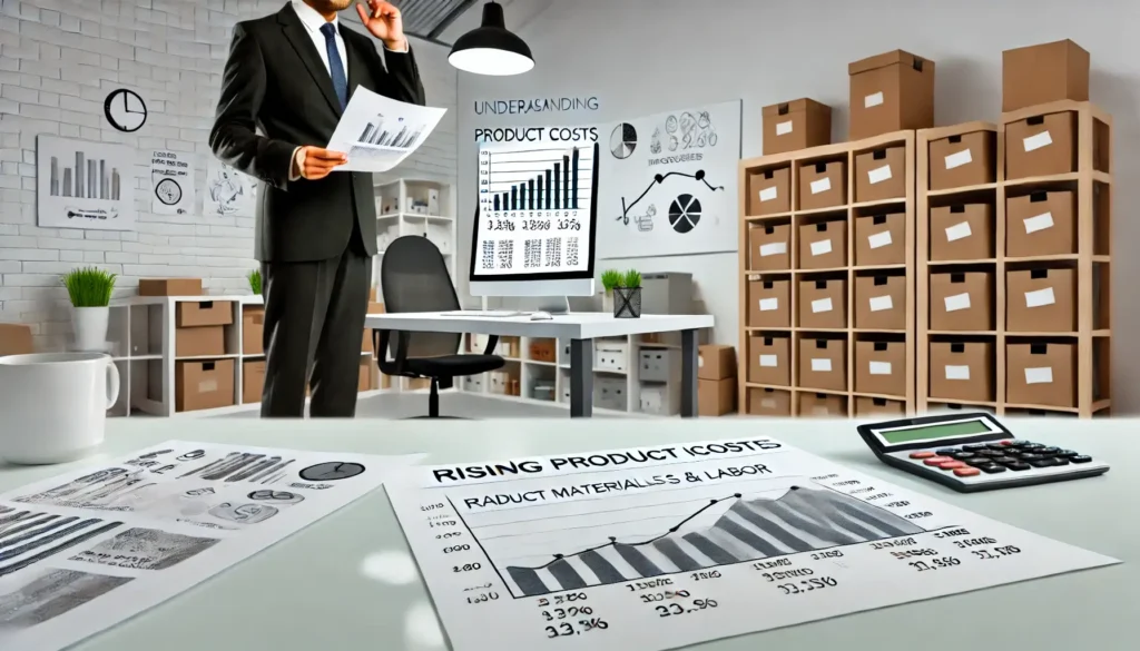 A business professional reviews documents and charts related to increased product costs, with a focus on raw materials and labor expenses in a modern office setting.