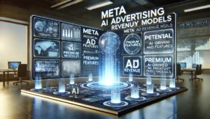 A futuristic digital advertising setup illustrating Meta's Ad Revenue potential, with advanced AI-powered interactions and premium paid features. The scene showcases Meta's vision for AI-driven ad revenue growth.