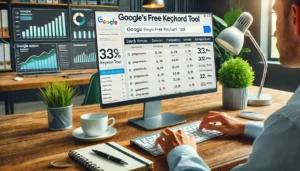 A digital marketer using Google’s Free Keyword Tool, a key part of Google AdWords PPC Free Features, to find relevant keywords for driving website traffic.