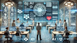 AI for Complex Problem Solving in healthcare, showing AI systems analyzing patient data to predict disease outbreaks and personalize treatments.