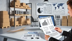 A business professional reviews documents at a desk with charts and graphs, highlighting the impact of increased product costs related to raw materials and labor.