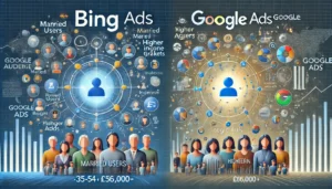 A comparison of audience demographics for Bing Ads vs Google Ads, highlighting Bing's older and wealthier user base versus Google's broader and younger audience reach.