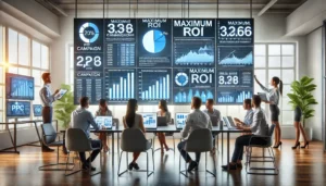 A digital marketing team reviews campaign metrics in an office, focusing on optimising PPC strategies for maximum ROI through continuous performance analysis.