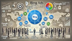 A visual comparison of Bing Ads vs Google Ads highlighting their demographic and geographic targeting capabilities. Bing Ads emphasizes LinkedIn integration for B2B campaigns, while Google Ads focuses on precise location and demographic targeting options.