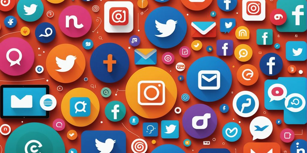 Collage of diverse marketing channels. A vibrant collection of social media icons, including popular platforms like Twitter, Instagram, Facebook, and more, displayed in colourful, overlapping circles on a red background.