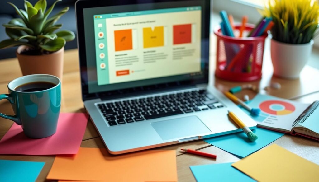 Ecommerce PPC Tips: A colorful workspace with a laptop displaying a website design, surrounded by office supplies, emphasizing the importance of creative PPC strategies for ecommerce.