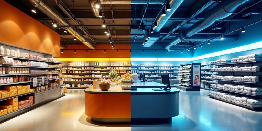 A retail store interior split into two contrasting halves, with one side featuring warm orange lighting and stocked shelves, and the other side bathed in cool blue lighting, showcasing different products. The central checkout counter sits at the intersection of the two styles, creating a visually striking scene.