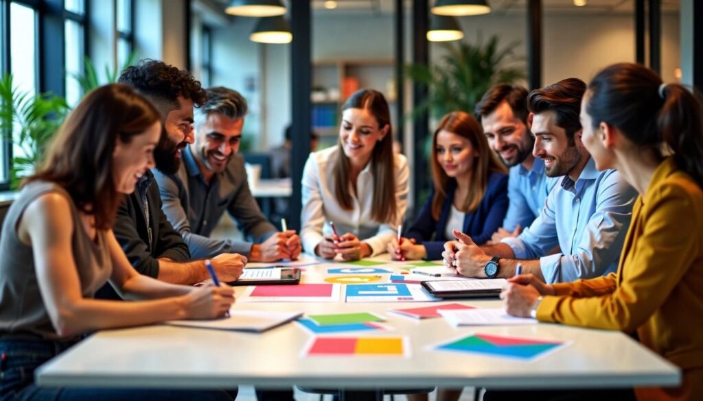 Business professionals collaborating in a modern office environment.