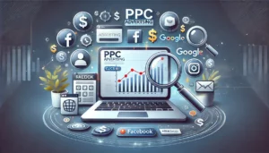 A visual representation of PPC Advertising Services, featuring a laptop showing an analytics dashboard with increasing clicks and conversions, surrounded by icons of social media platforms and search engines.