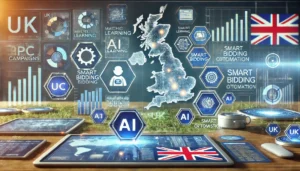 Digital marketing scene illustrating UK PPC Trends with AI and automation, showing interconnected data, analytics graphs, and machine learning elements enhancing PPC strategies.