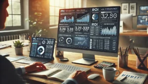 A digital marketing workspace showing dual monitors with advanced PPC management tactics, including complex data charts and metrics, emphasising sophisticated optimisation techniques for maximising ROI.