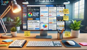 A Google Ads dashboard displaying ad copy examples, with highlighted text and creative elements, representing the process of refining ad copy in a DIY Google Ads Audits approach.