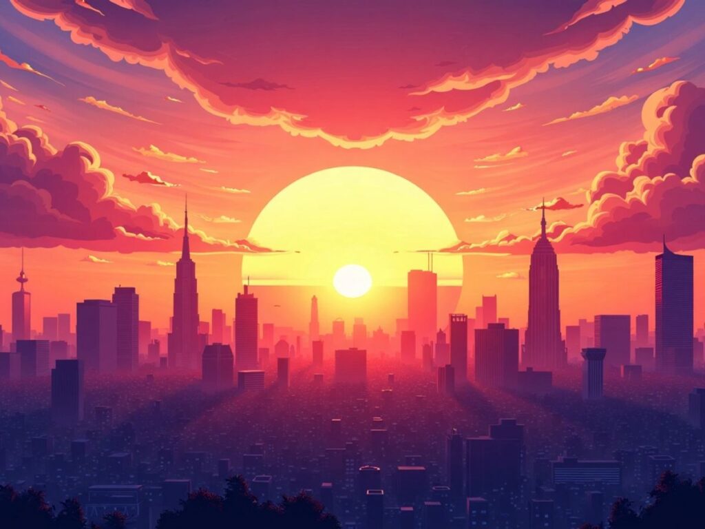 A vibrant sunrise over a city skyline, symbolizing the dawn of new changes in digital landscapes, influenced by the Google August 2024 Core Update.