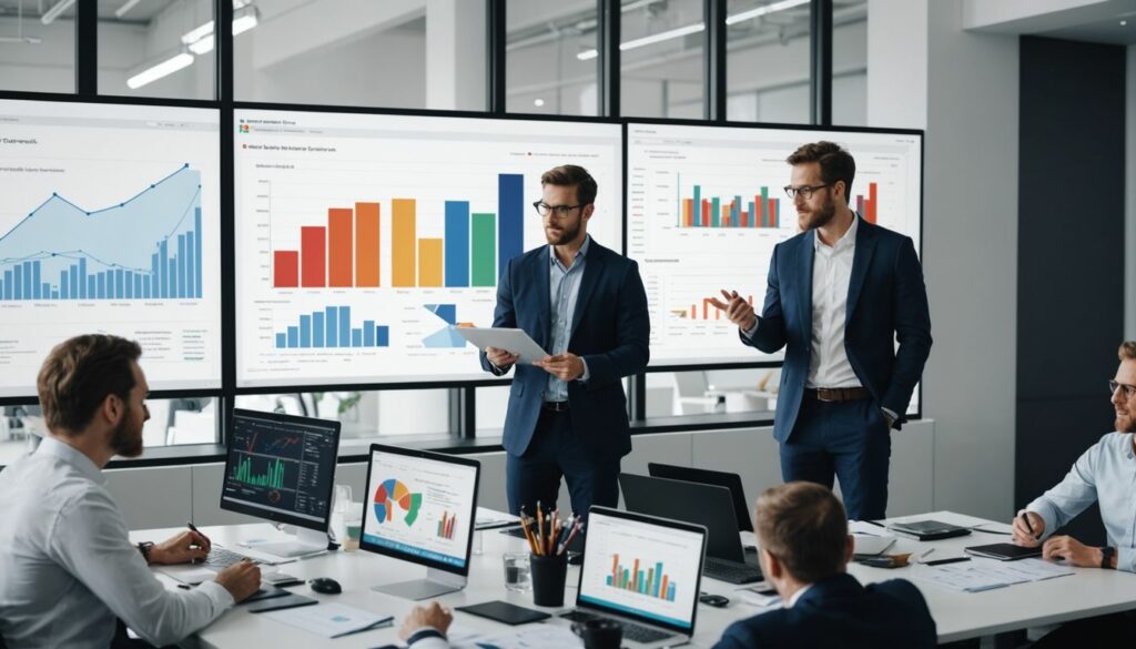 A team of digital marketing professionals discussing industry-specific PPC advertising strategies while reviewing charts and graphs on large screens in a modern office setting.