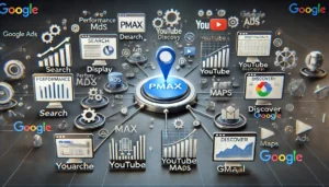 An illustration representing Performance Max (PMax) in Google Ads, showcasing connected platforms like Search, Display, YouTube, Discover, Gmail, and Maps. Various metrics and data graphs indicate increased conversions driven by machine learning algorithms.