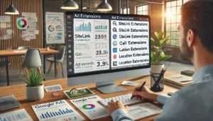 A digital marketer reviewing a Google Ads dashboard with ad extensions, including sitelink, call, and location extensions, as part of a Google Adwords PPC checklist for enhancing ad performance.