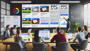 A digital marketing team reviewing PPC ad copy and creative assets, illustrating the process of how to effectively audit your PPC ads with a focus on crafting compelling ad copy.