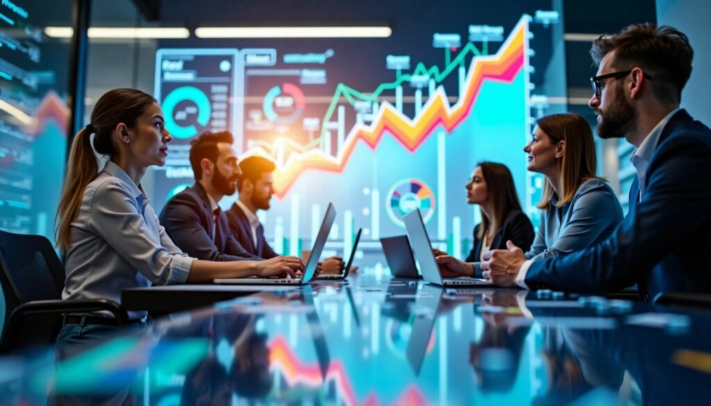 A team of professionals in a modern conference room discussing advanced PPC management tactics, with data charts and graphs displayed on large screens in the background, showing key performance indicators and campaign results.