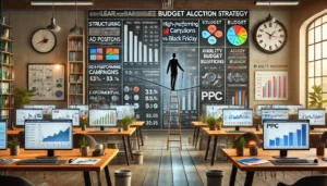 A well-organized digital marketing workspace illustrating strategies for balancing agility and structure in PPC. A marketer is analyzing charts with budget allocation for different ad positions and seasonal adjustments. The background subtly features a tightrope symbolizing the balance between flexibility and structure.