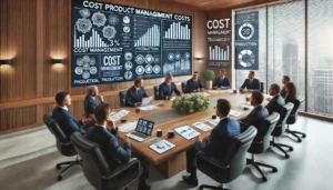 A business meeting room where professionals discuss strategies for managing increased product costs, reviewing charts and diagrams on cost management techniques.