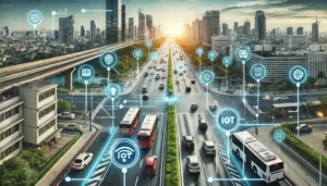 A modern cityscape with smooth-flowing traffic, showcasing the role of the Internet of Things (IoT) in smart traffic management with IoT-enabled sensors, connected vehicles, and optimized traffic signals.