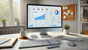  A computer screen displaying a Google Ads dashboard, showing various charts and data analytics. This image represents the process of DIY Google Ads Audits in a modern digital workspace, complete with a clean desk setup and audit materials.