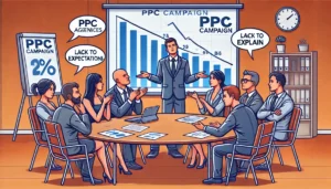 A tense business meeting showing distrust for PPC agencies, with a frustrated client and declining PPC metrics on a screen in the background.