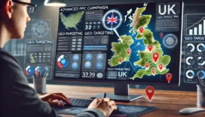 Best PPC Agency for Your UK Business - A digital dashboard showing geo-targeting tools used in local PPC campaigns, with UK regions highlighted to enhance campaign accuracy and reach.