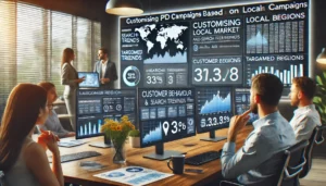 Marketing professionals in an office analysing customer behaviour data to customise campaigns, with screens displaying insights and a Local PPC Advertising Agency's ad strategy tailored for local markets.