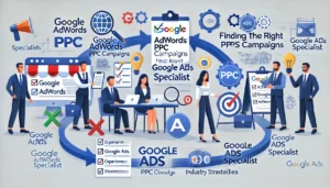 An image depicting the process of transitioning Google AdWords PPC Campaigns by finding the right Google Ads specialist, emphasizing the importance of experience and certifications.