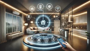 A modern smart home interior equipped with various Internet of Things (IoT) devices like smart lighting, a smart thermostat, and security cameras, all connected and controllable through a smartphone.