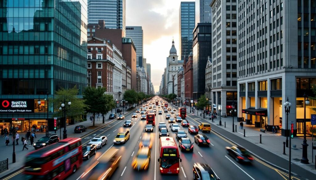 UK cityscape with busy streets and buildings