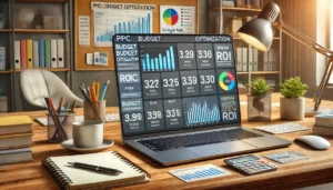 Ecommerce PPC Tips: A digital marketing planner’s desk with a laptop displaying PPC budget optimization tools, including graphs, pie charts, and budget breakdowns.